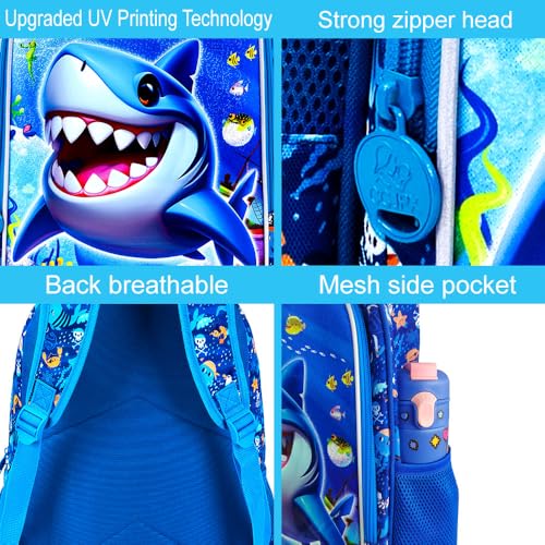 Image of 16 inch Shark Backpack for Boys, 3Pcs Kids Bookbag with Lunch Box, School Backpacks for Elementary Preschool Kindergarten (Blue)