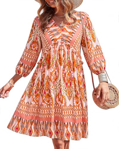Image of BTFBM Women Casual Spring Summer Dresses V Neck 3 /4 Long Sleeve Ruffle Floral Flowy Boho Babydoll Mini Short Beach Dress