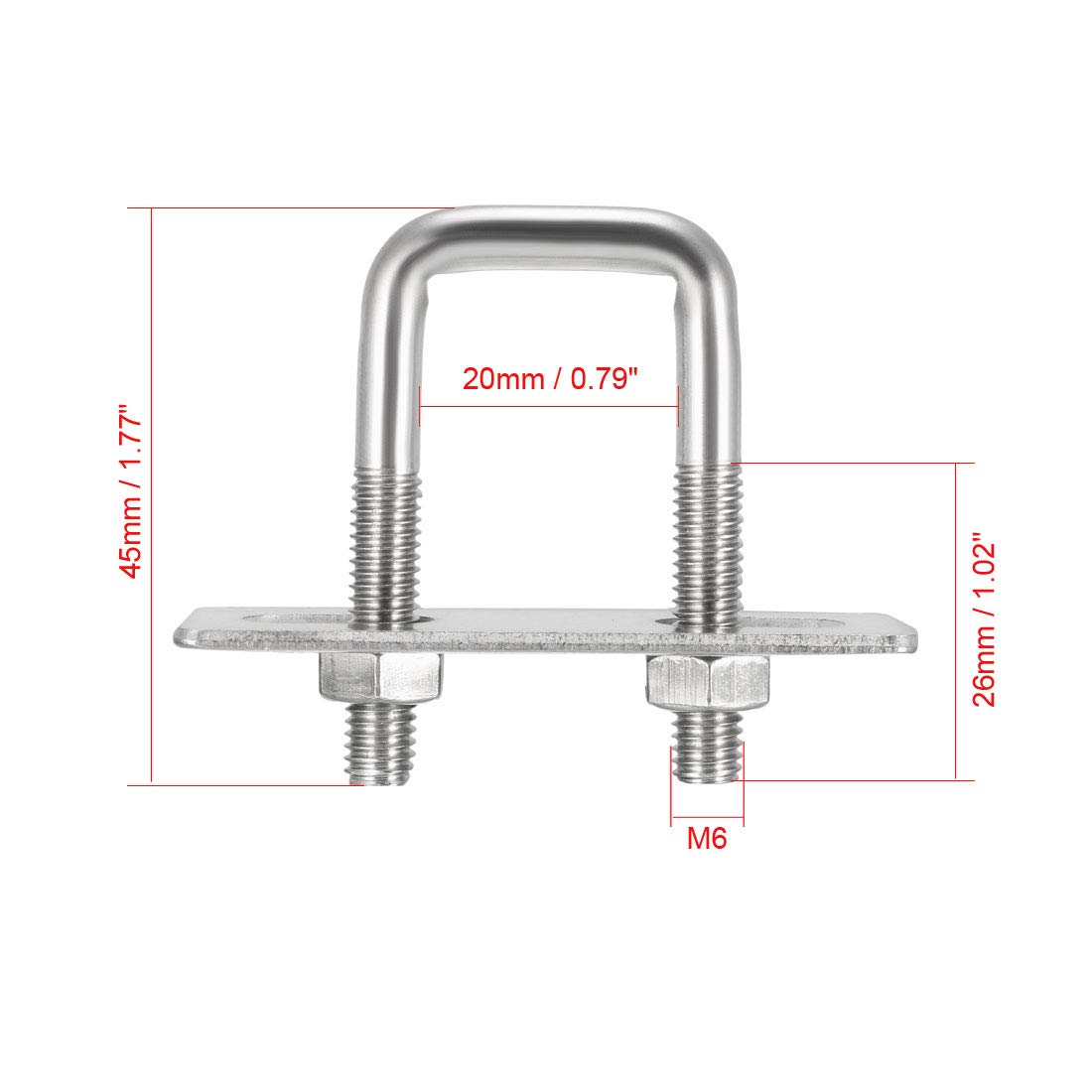 sourcing map 2 sztuki M6 czworokątne śruby w kształcie litery U, kwadratowe bolce pałąkowe 20 x 45 mm z ramką na nakrętki i elementami mocującymi, stal węglowa