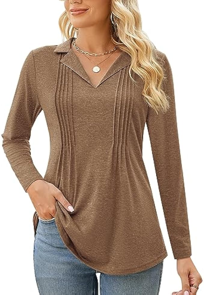 Kistore Womens Long Sleeve Golf Polo Shirts V Neck Lapel Collared Tunic Blouses Loose Casual Breathes Work Tops