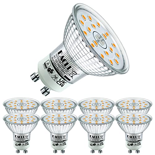 EACLL Bombillas LED GU10 Blanco Cálido 4.9W Reemplaza 70W Halógena, Pack de 8, Focos Sin Parpadeo AC 230V, 2700K 515 Lúmenes 120 ° Spotlight, Lámpara Reflectora no Regulable