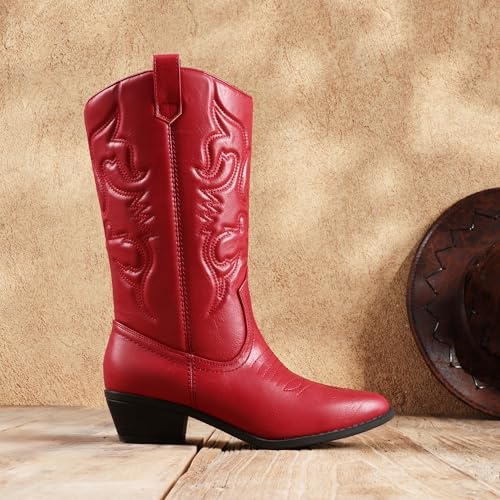 DREAM PAIRS Women's Cowboy Boots Pull On Cowgirl Boots Mid Calf Western Boots, Available in Regular and Wide Calf,Size 7.5,Red,SDMB2218W