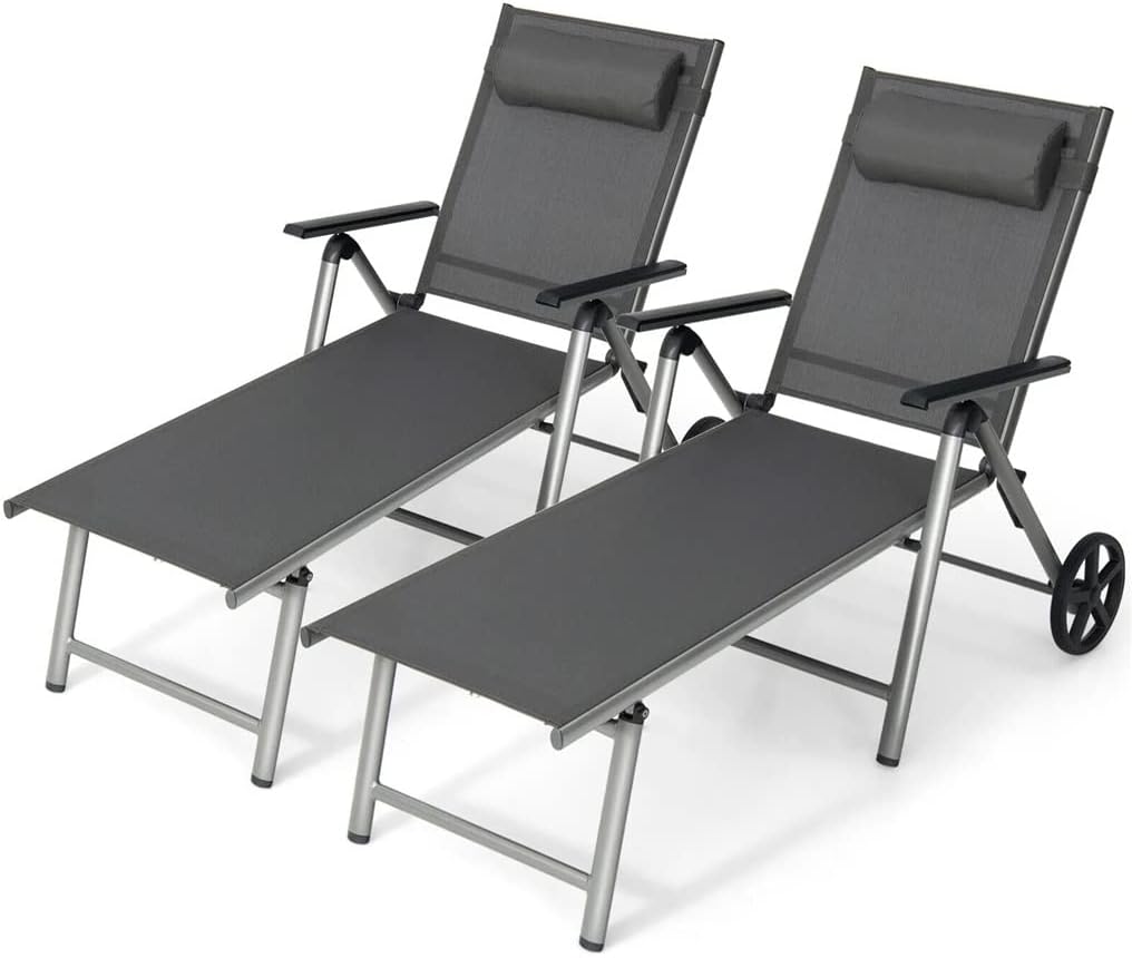 2-Piece Folding Recliner Chair with Aluminum Reclining Backrest and Adjustable Wheels