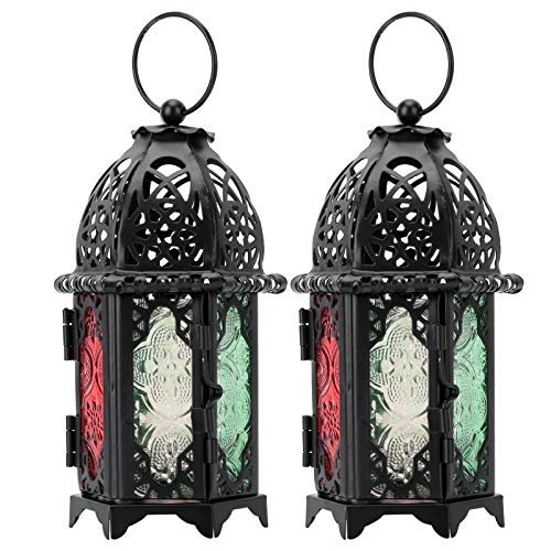 RXMORI 2Pcs Tealight Candle Holder Vintage Castle Candle Holder, Metal Candle Holder, Moroccan Style Hanging Lanterns Black Retro Iron Metal Wedding Home Decorations