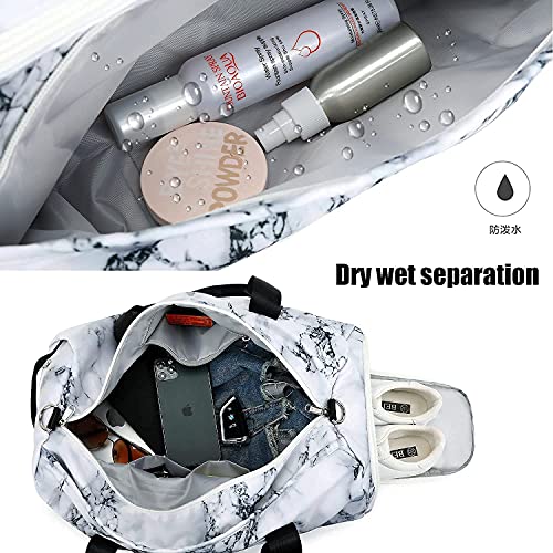 Sport Gym Duffle Travel Bag for Men Women Duffel with Shoe Compartment, Wet Pocket (Marble-White)