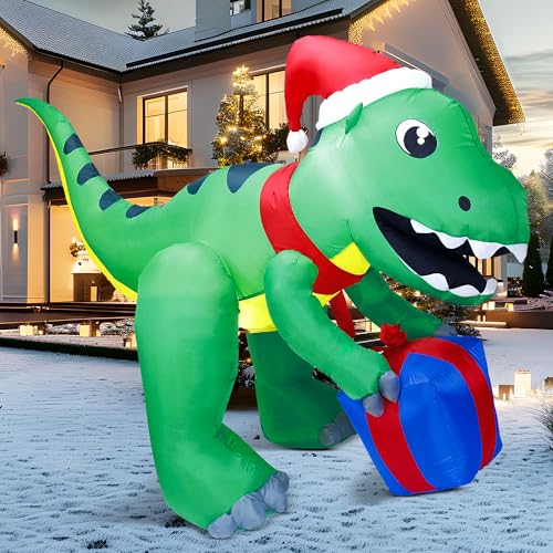 Joiedomi Dinosaure de Noël gonflable de 1,5 m de haut, dinosaure gonflable avec boîte cadeau, LED gonflables intégrées lumineuses, décoration de cour de Noël géante pour Noël, vacances, jardin,