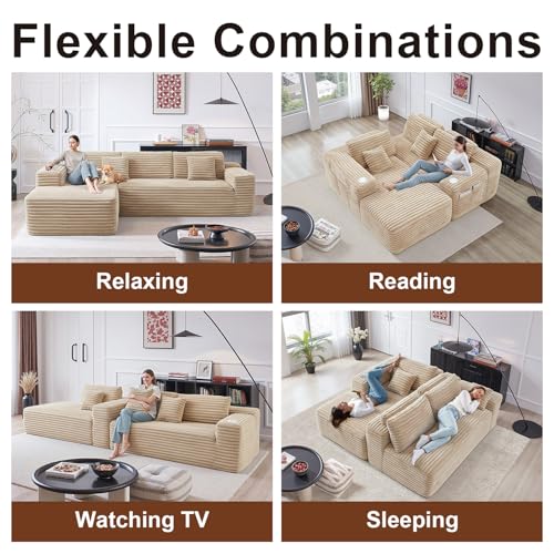 Image of Cloud Sectional Couch with L-Shape Chaise, Modern Modular Sofa with Deep Seat, Built-in Cup Holder & Storage Pocket for Living Room Bedroom, No Assembly Required (Camel, Right Facing Chaise)