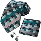 CANGRON Herren Krawatte Petrol Weiß Schwarz Karierte Krawatte Einstecktuch Manschettenknöpfe Krawatten Set DLSG8VB