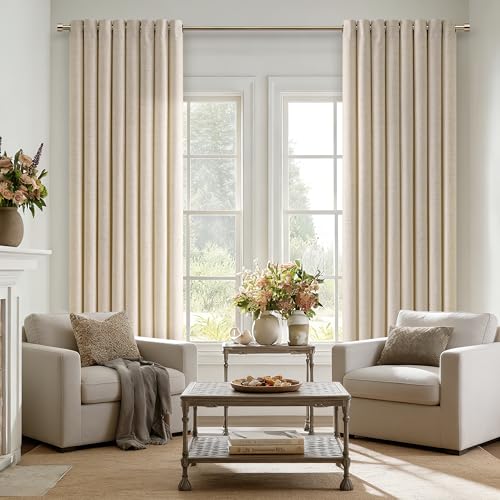Image of 84 Inch Length Semi Sheer Beige Linen Curtains 2 Panels Set 52x84 | Light Filtering, Grommet Drapes, Thick Linen, Privacy, Non-See-Through Curtain, Boho, Living Room, Bedroom, Sand, Oatmeal
