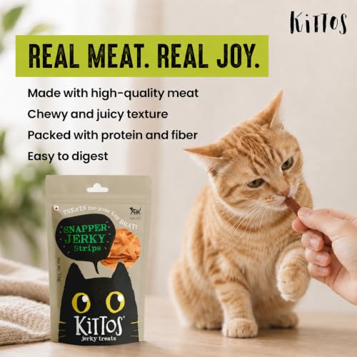 Image of Kittos Cat Treats Multi-Flavour Pack High Protein Cat Snacks with Chicken Salmon Rings Tuna Jerky & Snapper Jerky Strips Pack of 4 35g Each Healthy Training Treats