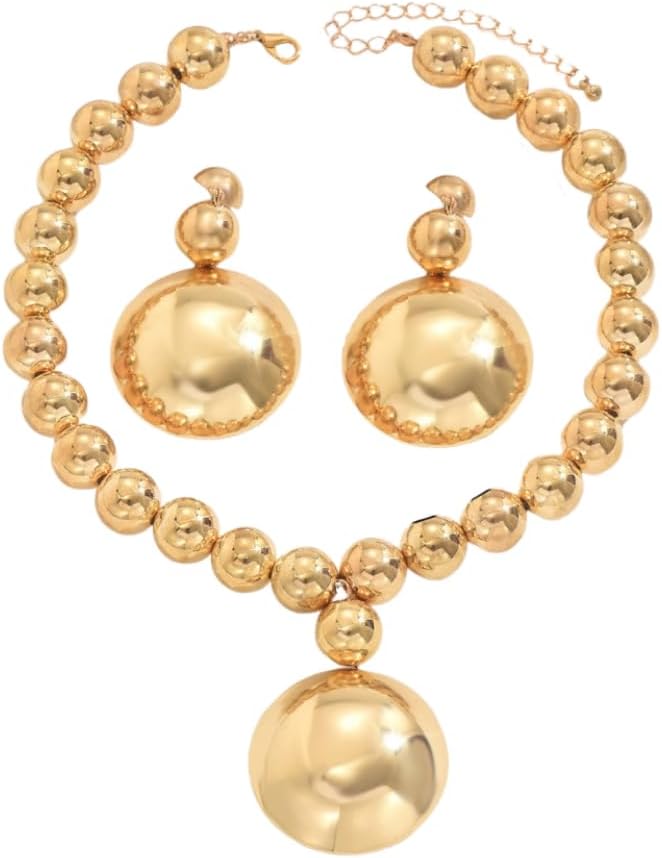 Chunky Gold Beaded Choker & Earring Jewelry Set, Retro Circular Pendant Statement Set for Women