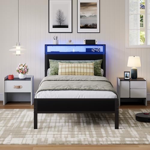 Novilla Twin Bed Frame with LED Lights and Charging Station, Metal Platform Bed with 2-Tier Storage Headboard, Smart Music Sync, Easy Assembly, No Box Spring Needed, Black