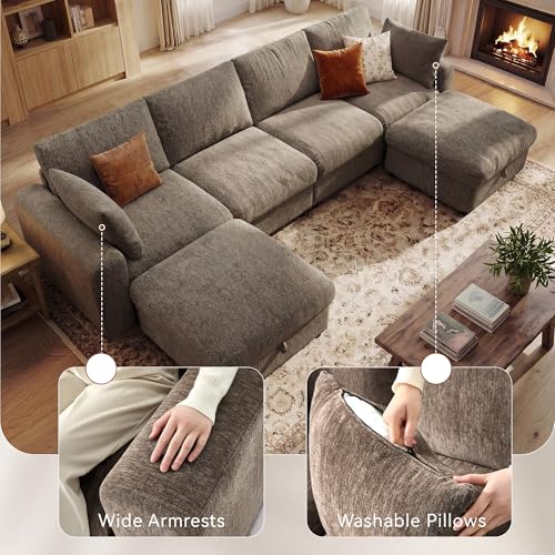 Image of Ihanherry 141 inch Oversized Cloud Sectional Couches for Living Room, Modular Sectional Sofa with Wide Deep Seat, U Shaped Couch with Throw Pillow and Storage Ottoman, Beige