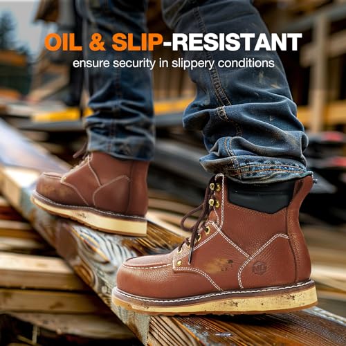 Image of NINGO Steel /Soft Toe Work Boots for Men, 6 Inch Waterproof Mens Wedge Moc Toe Boots, Full-Grain Leather, Oil and Slip-Resistant Safety Boots, EH Protection,Work Boots for Construction, Industrial