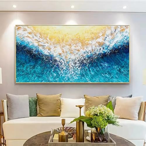 Peinture à l'huile paysage marin bleu abstrait, cadeau déco maison 55x110cm
