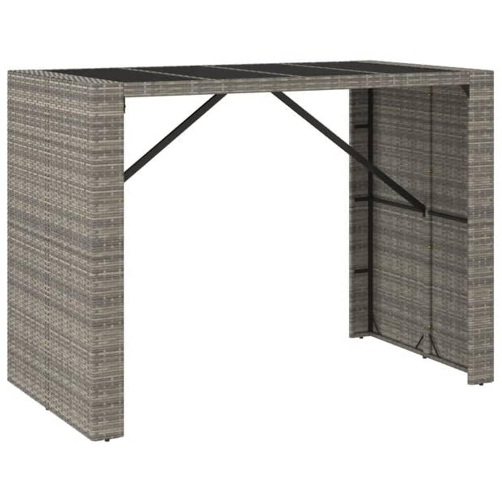 Juego de 7 barras de jardín de poliratán gris con 1 mesa de bar y 6 taburetes, mesa de comedor con tapa de cristal y marco de acero para jardín, terraza, balcón y exterior
