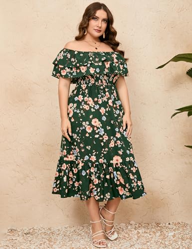 Image of KOJOOIN Women Plus Size Off Shoulder Maxi Dress Ruffle Flowy Casual Summer Boho Long Dresses
