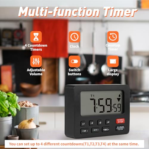Minuteur de cuisine quadruple affichage YOOREAL noir avec alarme réglable - 3