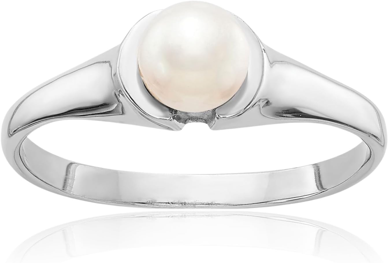 IceCarats 14K Solid White Gold Freshwater Pearl Solitaire Ring 5mm Slim Band Prong Set