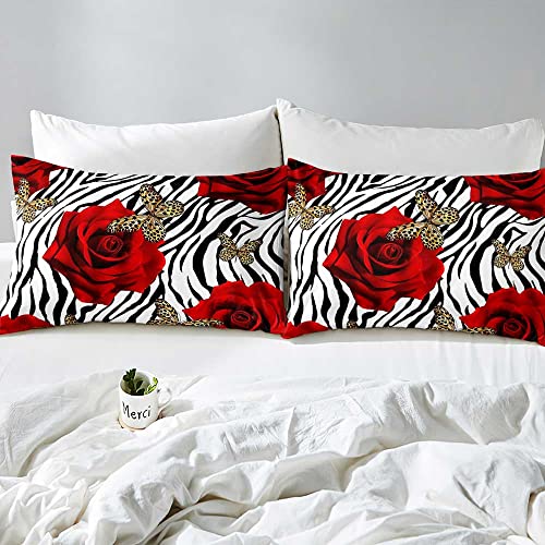 Luvivihome 3Pcs Zebra Print Duvet Cover Queen, Black And White Bedding, Valentine's Day Romantic Red Rose Floral Duvet Cover, Cheetah Leopard Butterfly Comforter Bedspread Quilt Cover, 2 Pillow Shams #TOP3