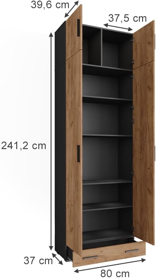 Detailed diagram showing the dimensions of the Vicco Frank Filing Cabinet, including height, width, and depth, with doors open revealing interior shelves and a bottom drawer.
