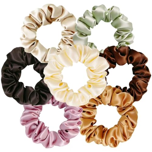 7 Pcs Skinny Neutral Color Satin Scrunchies for Women Girls Soft Hair Ties Fashion Hair Bands Elastic Bracelets Ponytail Holders Hair Accessories for All Hair Types (2.9 Inch)