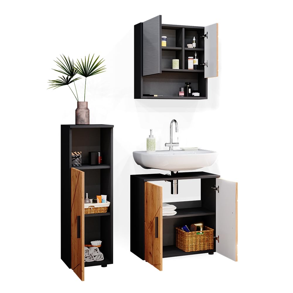 Vicco Set mobili bagno Irma, Rovere dorato/antracite, 80 cm, composto da mobile sottolavabo, specchiera e mobile medio