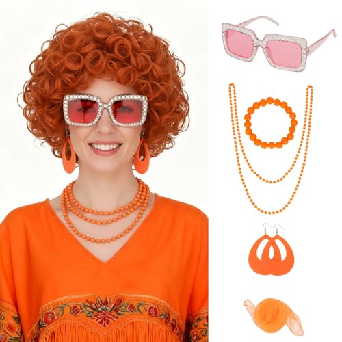 S-noilite Mrs Roper Wig,Short Orange Curly Wig for Women Halloween Cosplay with Orange Accessories 7pcs Set (Glasses, Scarf, Long Necklace, Bracelet, Earrings, Hairnet)