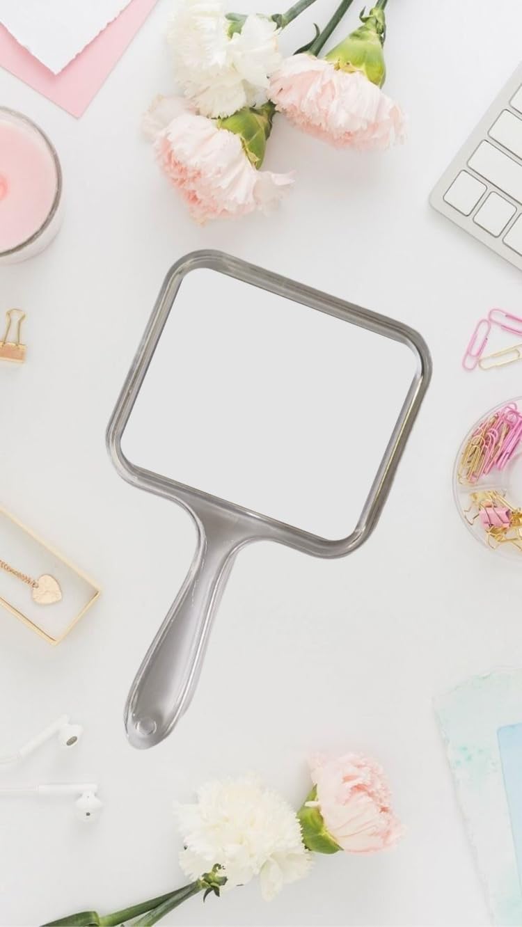 Silver Rectangular Acrylic Handheld Beauty Makeup Mirror Both Sides one Side 2X Magnifier for Bathroom, Dressing Table/Shaving/Parlours/Salon and for Travel kit 20cmx12cm