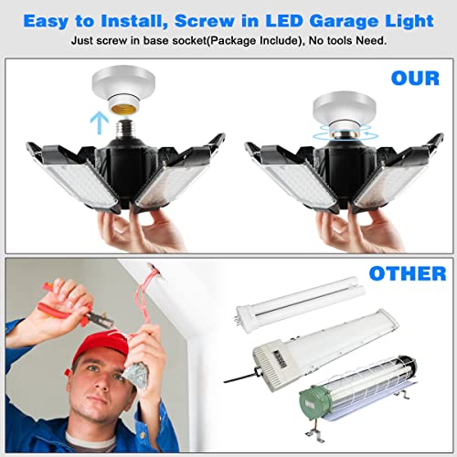 garage lights - 2pack super bright 32000lm led garage ceiling light 6500k led shop light w 6 deformable panels screw in e26e27 socket light bulbs for workshop storage warehouse attic