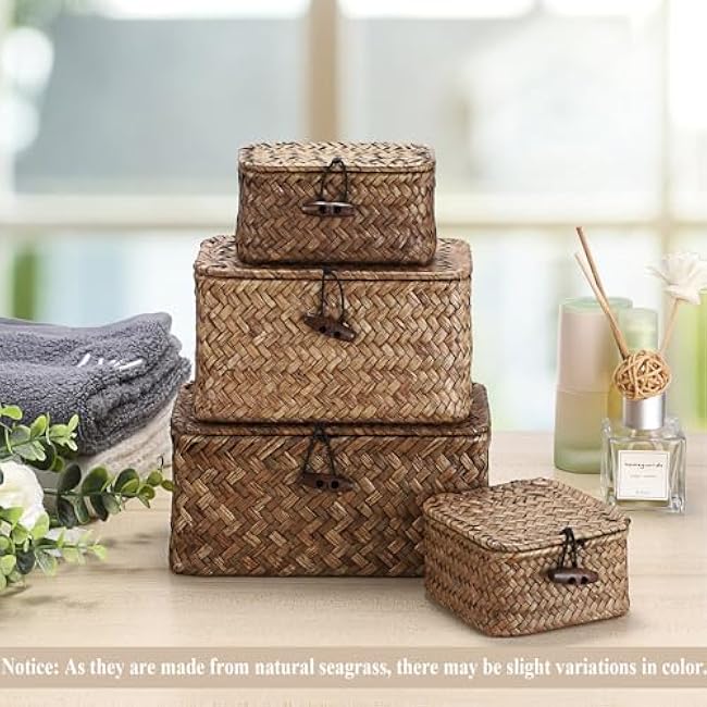 Hipiwe Small Seagrass Basket Wicker Shelf Baskets with Lid Mini Decorative Box Natural Storage Basket for Organizing Key Candy, Home Decor, 3.5L x 3.5W x 2H