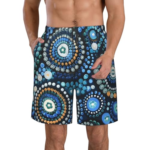 Men's Quick Dry Swim Shorts Traditional Aboriginal Dot Art Blue Green Abstract Beach Trunks with Pockets