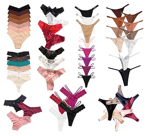 Women's Underwear Variety Pack Panties, Kinds of T-Back G-String Thongs, Lacy Briefs Hipsters Bikinis Undies Assorted
