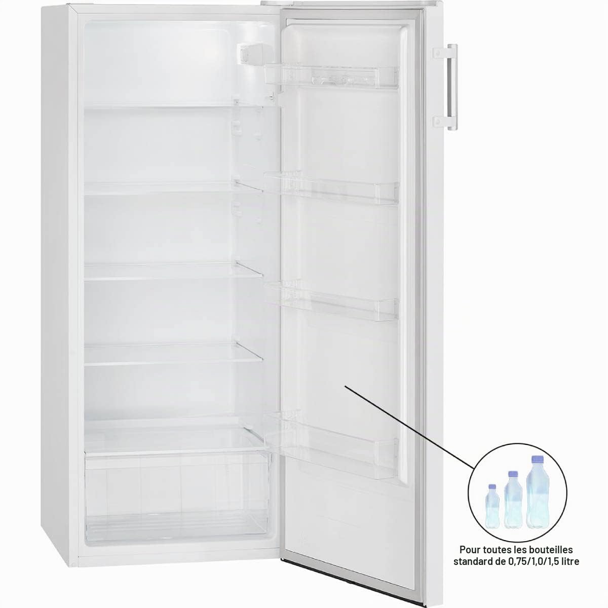 Bomann Réfrigérateur 242L blanc VS7316-1-blanc, Capacité nette : 242 litres, Éclairage intérieur à DEL, Contrôle de la température en continu, 5 clayettes en verre