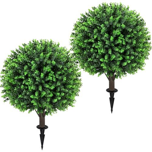 Artificial Green Eucalyptus Topiary Ball Tree 24' with Ground Spike, Set of 2 Artificial Boxwood...