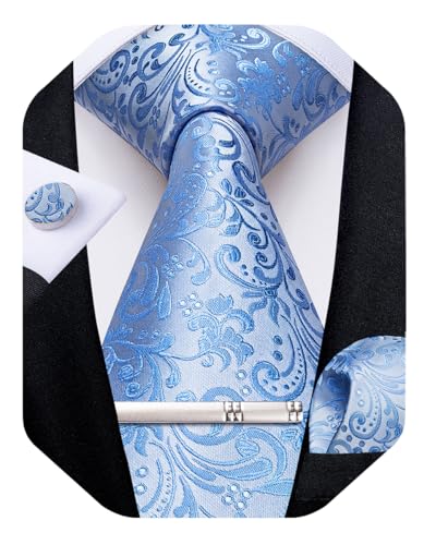 Image of DiBanGu Silk Floral Ties for Men Woven Paisley Necktie and Tie Clip Handkerchief Cufflinks Set for Party Wedding