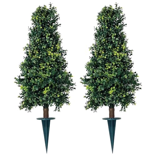 Two Artificial UV Rated 30'' Boxwood Cone Topiary w/Spike, Silk Tree Warehouse Indoor Outdoor Tree...
