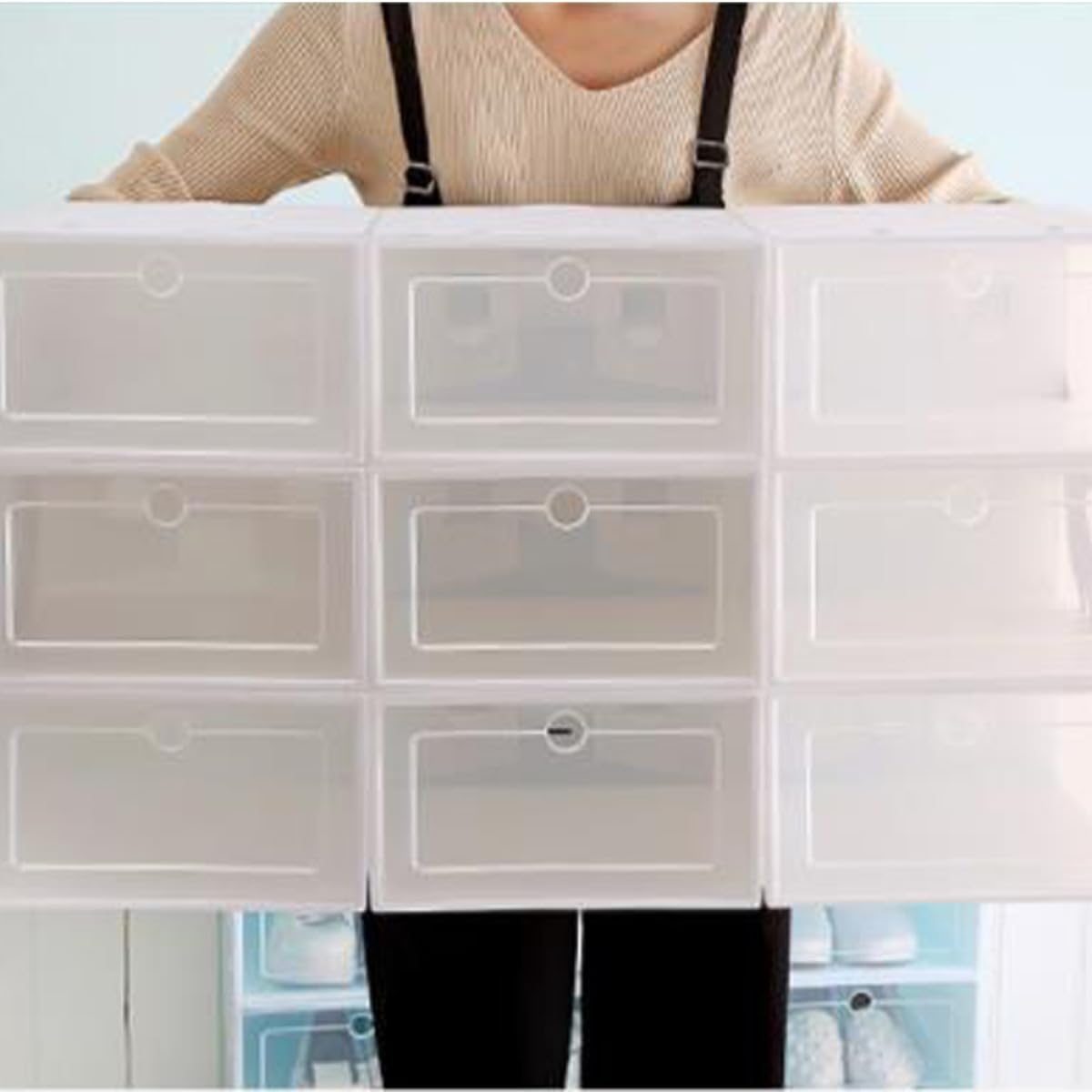 12 Stück Stapelbare Schuhkartons aus Dickem Weißem Kunststoff mit Transparentem Design zur Schuhaufbewahrung unter Bett oder Kleiderständer