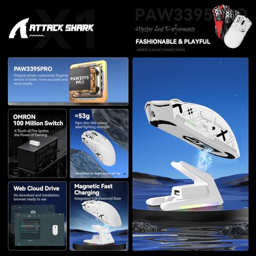 Image of MAMBASNAKE ATTACK SHARK X1 Wireless Gaming Mouse with RGB Charging Dock,PAW3395 PRO Sensor 40K DPI,1KHz Polling Rate 53g Superlight Tri-Mode Computer Mice,5 Programmable Buttons for WIN /MAC-White&Tape