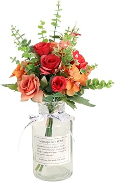 YZZY Artificial Flowers 1 Piece Glass Bottle Faux Flower Bouquet Set for Indoor Outdoor Home Decor Red Rose