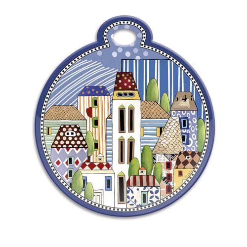 Egan Sottopentola Collezione Paese Mio. Sottopentola in Ceramica Smaltata di Colore Blu con Fantasia a Paesaggio. Misure: 17x19 cm. La refernza è 121027