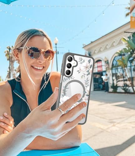 Image of VONZEE Compatible with Samsung Galaxy S25 Plus 5G Case Luxury Retro Flowers Floral Clear for Magnetic Wireless Charging Clear Case Shockproof PC+TPU Cute Glossy Shiny Cover for Girls Women, Grey