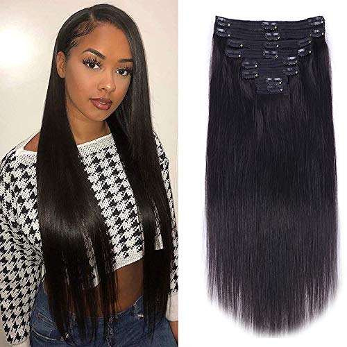 Cecycocy Straight Clip in Hair Extensions Human Hair for Black Women - 8Pcs 18Clips Double Weft Brazilian Remy Human Hair Clip in Extensions Thick to Ends 120G/4.2oz Natural Black (20 inch, straight)