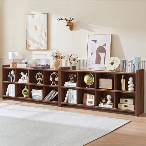 Image of 8 Cube Low Storage Organizer, 63 inch Long Horizontal Bookshelf, Walnut