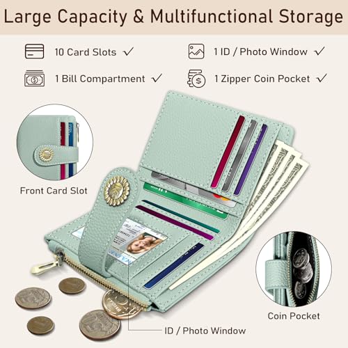 Image of Kelvoris Small Rfid Women Wallet Bifold Zipper Coin Pocket PU Leather Compact Cash Credit Card Holder Travel Wallet for Female Ladies Teen Girls 1 ID Window 10 Card Slots Sage Green