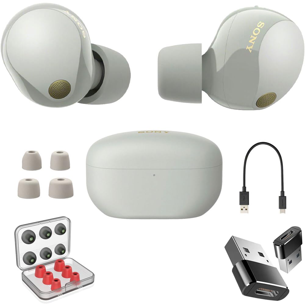 Sony WF1000XM5/S Industry Leading Noise Canceling Truly Wireless Earbuds Silver Bundle with 6 Pairs of in-Ear Earbud Tips and Converter Adapter Type C Adapter