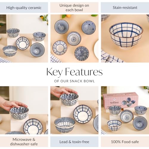 Image of Nestasia Ceramic Snack Bowl Set of 5 (350ml Each) - Dishwasher & Microwave Safe Bowls for Serving Soup, Rice, Dal, & Salad | 100% Food Safe Patterned Bowls with Glossy Finish - Ideal for Gifting