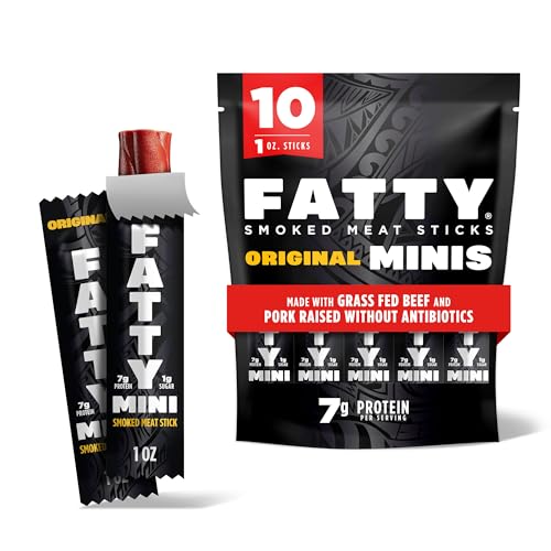 FATTY Mini Meat Sticks, Made with Grass Fed Beef, Pork Raised Without Antibiotics, 7g Protein Per Stick, Original Minis, 1 oz. Snack Size (Pack of 10)