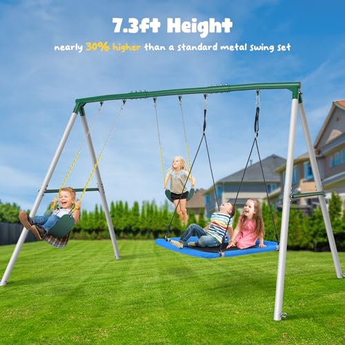 Hapfan 7.3ft Tall Heavy Duty Swing Set, 3 Swings Metal Swing Sets for Backyard, Big Kids Playset for Playground Outdoor (Patented)