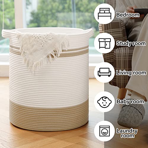 Oiahomy 80L Laundry Basket, Laundry Hamper, Cotton Rope Storage Basket With Handles, Decorative Woven Basket For Living Room,Storage Baskets For Clothes, Blankets, And Toys -20"×18"-Yellow&White #TOP4